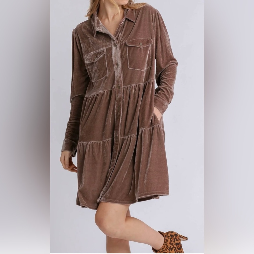 UMGEE - VELVET LONG SLEEVE TIERED DRESS, ALMOND